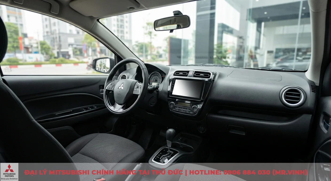 Thông số Attrage 2026 dự kiến: Kích thước, động cơ và trang bị 1 Nội thất Mitsubishi Attrage 2026 thế hệ mới, hiện đại với vô lăng đa chức năng, màn hình giải trí trung tâm và hộp số tự động