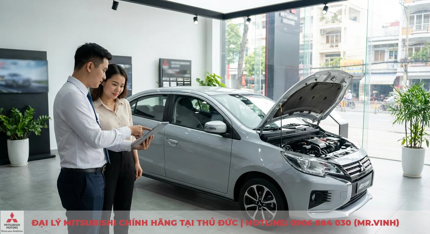 Thông số Attrage 2026 dự kiến: Kích thước, động cơ và trang bị 2 Mitsubishi Attrage 2026 màu bạc trưng bày với động cơ mở, nhân viên giải thích thông số kỹ thuật chi tiết