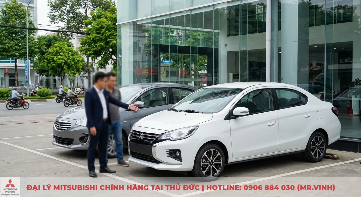 Thông số Attrage 2026 dự kiến: Kích thước, động cơ và trang bị 4 Hai xe Mitsubishi Attrage phiên bản hiện tại màu trắng và xám trưng bày tại đại lý, khách hàng thảo luận về ngoại hình xe