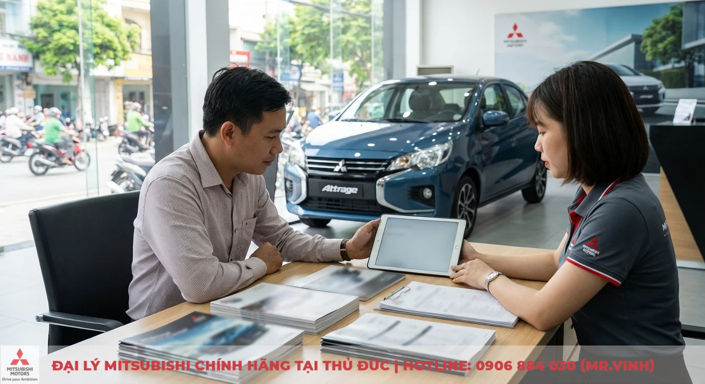 Thông số Attrage 2026 dự kiến: Kích thước, động cơ và trang bị 5 Khách hàng xem thông số Attrage 2026 dự kiến với tư vấn viên Mitsubishi trong phòng trưng bày xe hơi