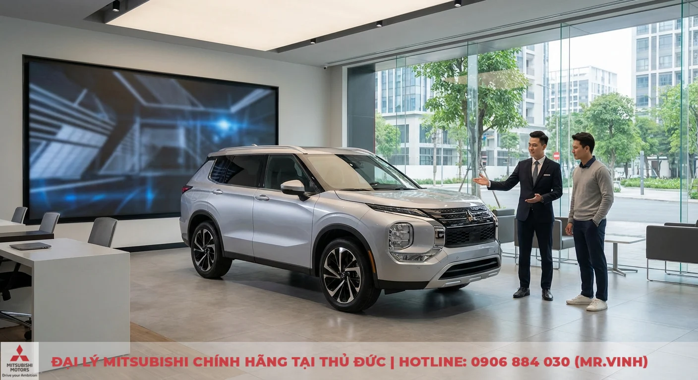 Thông số xe Destinator 2026: Kích thước, trọng lượng và dung tích 1 Showroom xe hơi hiện đại trưng bày xe SUV màu bạc, nhân viên giới thiệu xe cho khách hàng, màn hình lớn và cửa kính nhìn ra thành phố