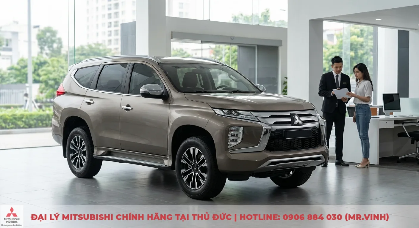 Thông số xe Destinator 2026: Kích thước, trọng lượng và dung tích 2 Xe SUV màu nâu vàng trong showroom ô tô hiện đại, nhân viên bán hàng tư vấn khách hàng nữ với tài liệu trên tay