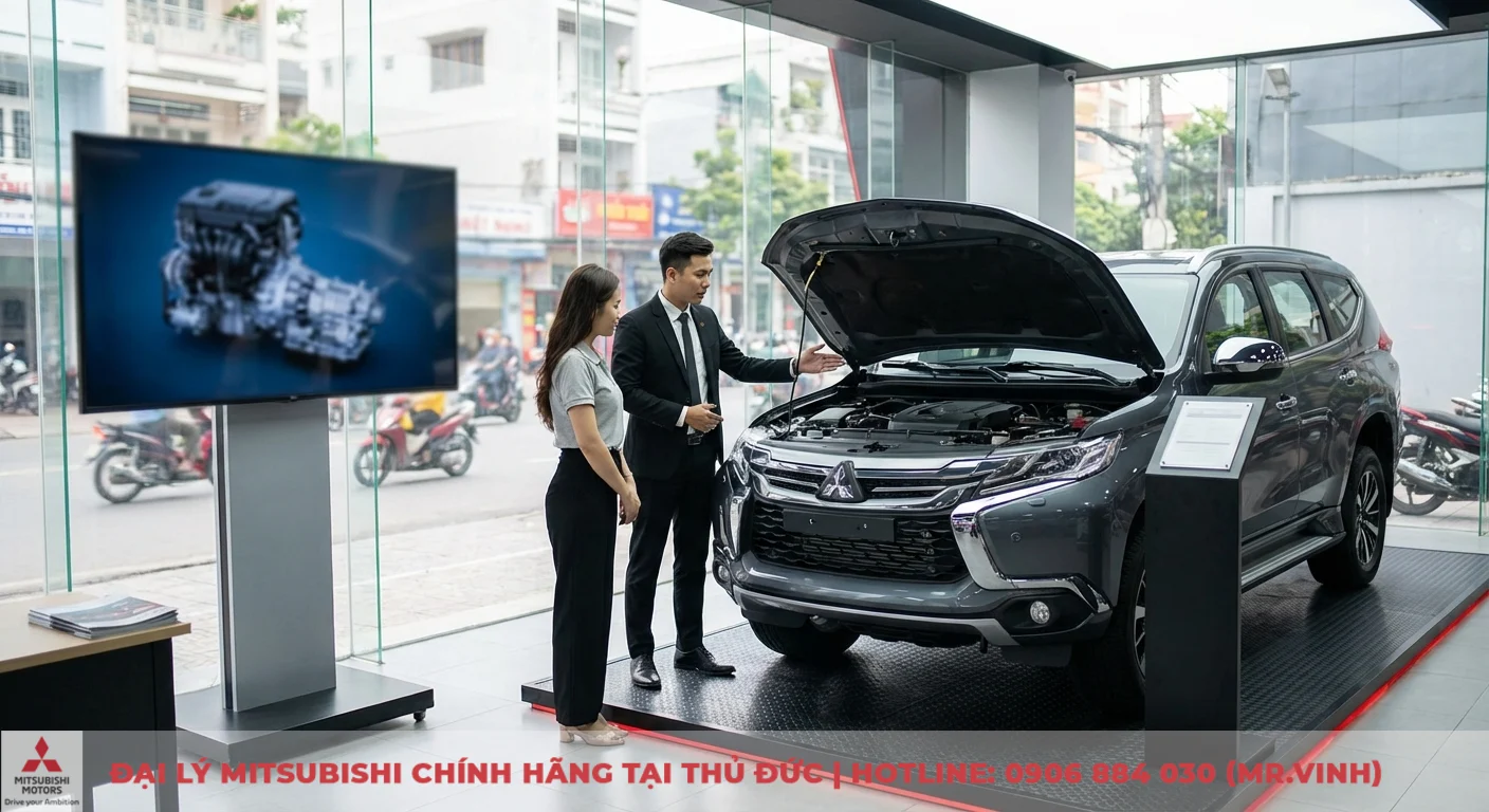Thông số xe Destinator 2026: Kích thước, trọng lượng và dung tích 3 Showroom ô tô với nhân viên đang giới thiệu động cơ xe SUV mở nắp capo cho khách hàng, màn hình hiển thị động cơ và hộp số