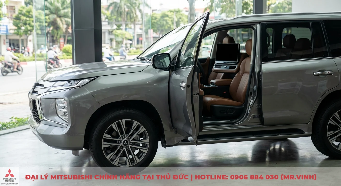Thông số xe Destinator 2026: Kích thước, trọng lượng và dung tích 4 Xe SUV màu xám trong showroom với cửa trước mở, lộ nội thất bọc da nâu, màn hình ghế sau và mâm hợp kim đa chấu
