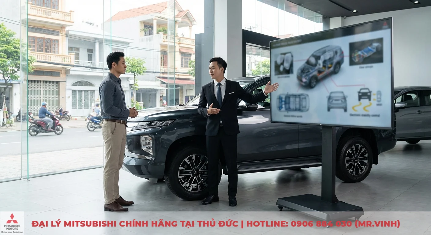 Thông số xe Destinator 2026: Kích thước, trọng lượng và dung tích 5 Hai người đàn ông trong showroom ô tô, một người giới thiệu xe SUV và hệ thống an toàn trên màn hình kỹ thuật số lớn