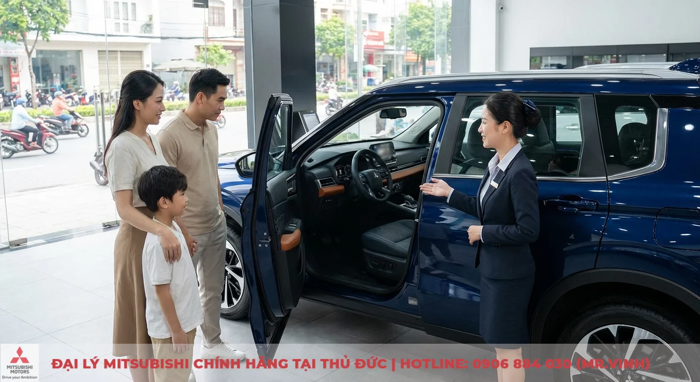 Thông số xe Destinator 2026: Kích thước, trọng lượng và dung tích 6 Một gia đình gồm ba người đang xem chiếc xe ô tô màu xanh tại showroom, một nhân viên bán hàng nữ đang giới thiệu nội thất xe