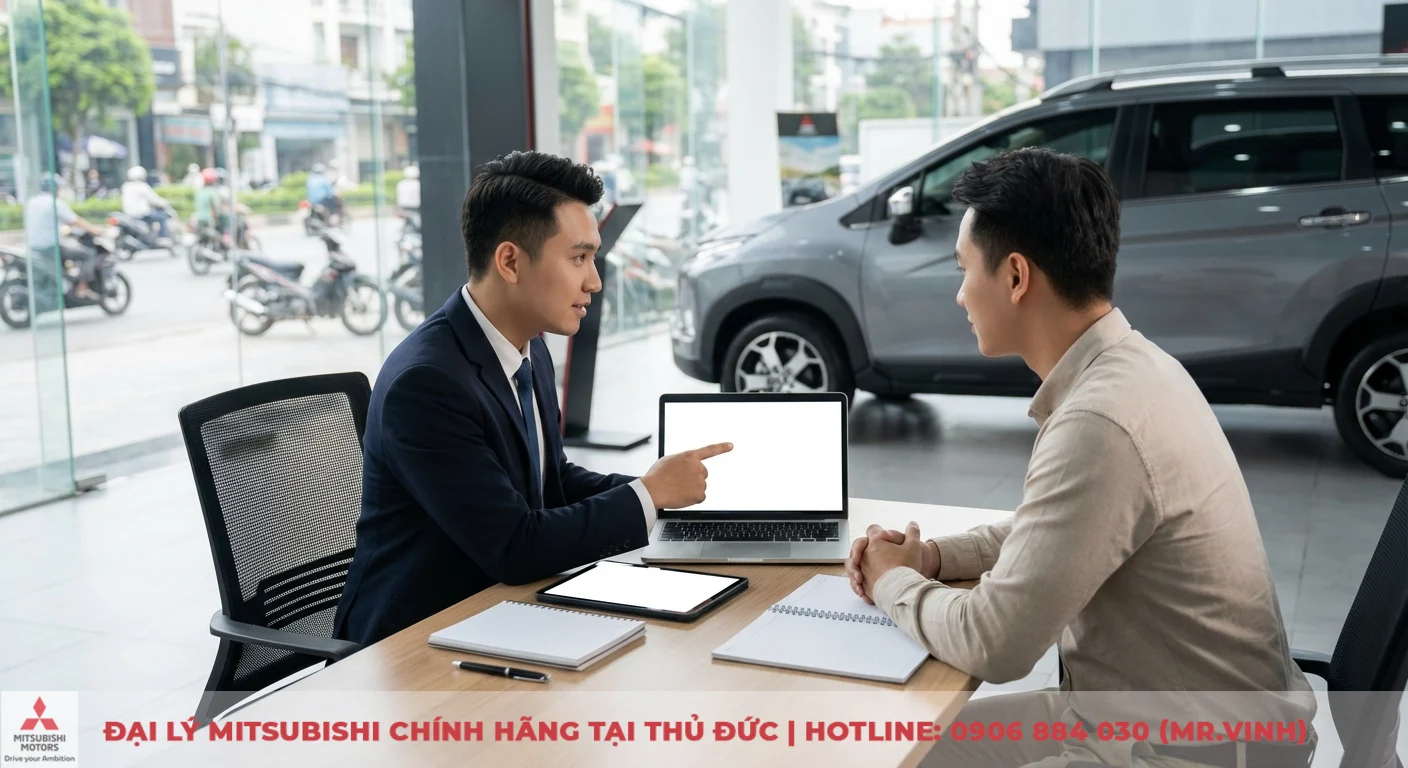 Thông số xe Destinator 2026: Kích thước, trọng lượng và dung tích 7 Hai người đàn ông ngồi đối diện tại bàn làm việc trong showroom ô tô. Một nhân viên đang chỉ vào màn hình laptop trắng, bên cạnh có máy tính bảng và sổ. Phía sau là chiếc xe màu xám và cửa kính nhìn ra đường phố đông đúc với xe máy