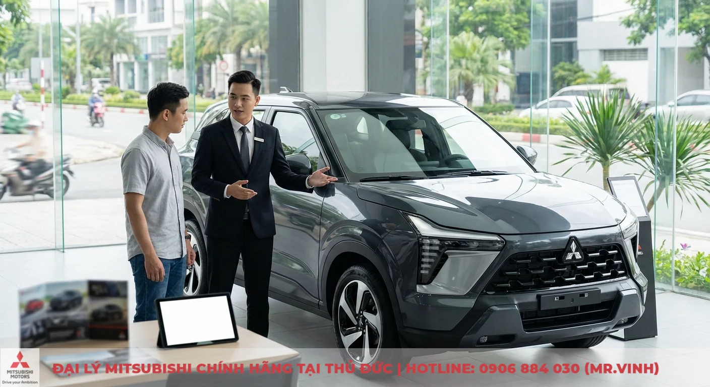 Cập nhật thông số Mitsubishi XFORCE 2026 dự kiến chi tiết 1 Mitsubishi XFORCE 2026 SUV đang được nhân viên giới thiệu tổng quan thiết kế và tính năng cho khách hàng