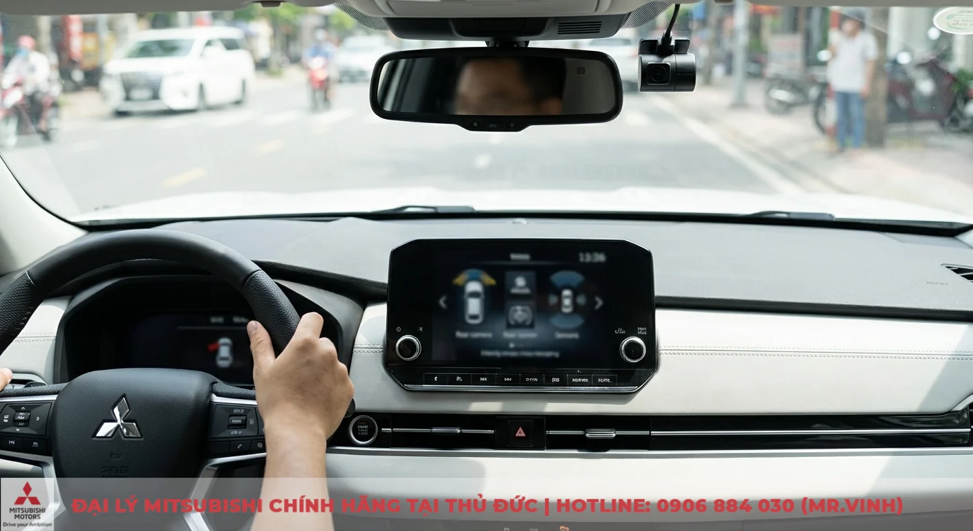 Cập nhật thông số Mitsubishi XFORCE 2026 dự kiến chi tiết 5 Màn hình trung tâm Mitsubishi XFORCE hiển thị công nghệ hỗ trợ lái với camera lùi và cảm biến đỗ xe an toàn
