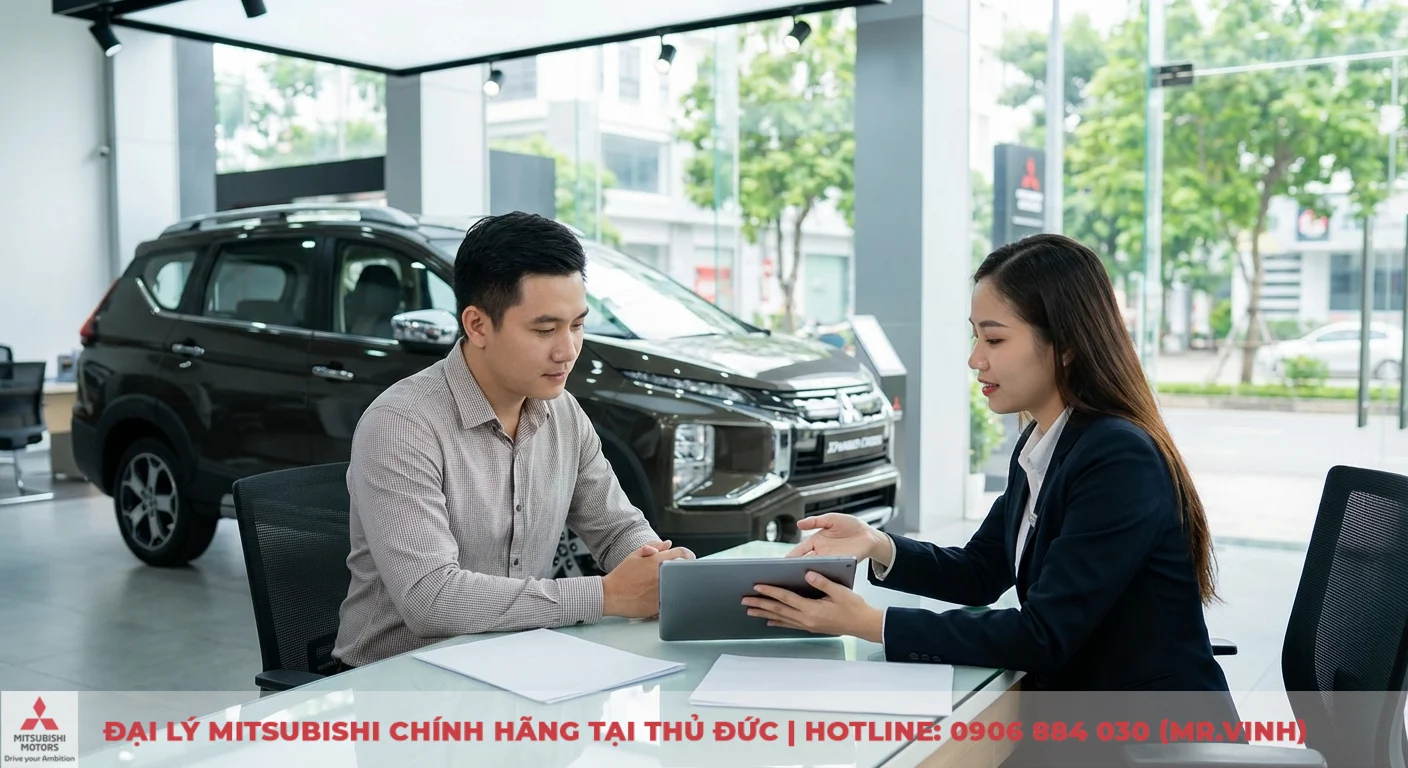 Cập nhật thông số Xpander Cross 2026: Kích thước, động cơ chi tiết 5 Khách hàng và nhân viên tư vấn Mitsubishi Xpander Cross thảo luận giá bán và ưu đãi trên máy tính bảng tại showroom