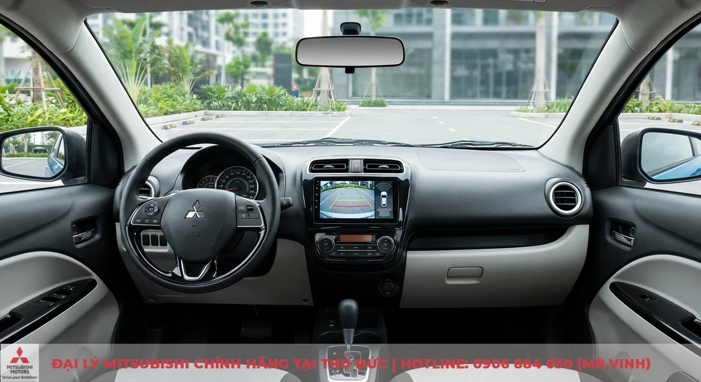 Tiện nghi Attrage 2026: Các tính năng dự kiến có gì mới? 2 Nội thất xe với màn hình hiển thị camera lùi, cảm biến đỗ xe, cải tiến tiện nghi hỗ trợ lái và an toàn chủ động