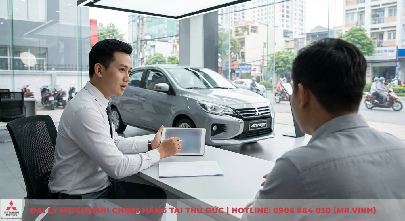 Tiện nghi Attrage 2026: Các tính năng dự kiến có gì mới? 4 Tư vấn viên Mitsubishi Saigon 3S giới thiệu tiện nghi Attrage 2026 trên máy tính bảng cho khách hàng tại showroom Thủ Đức