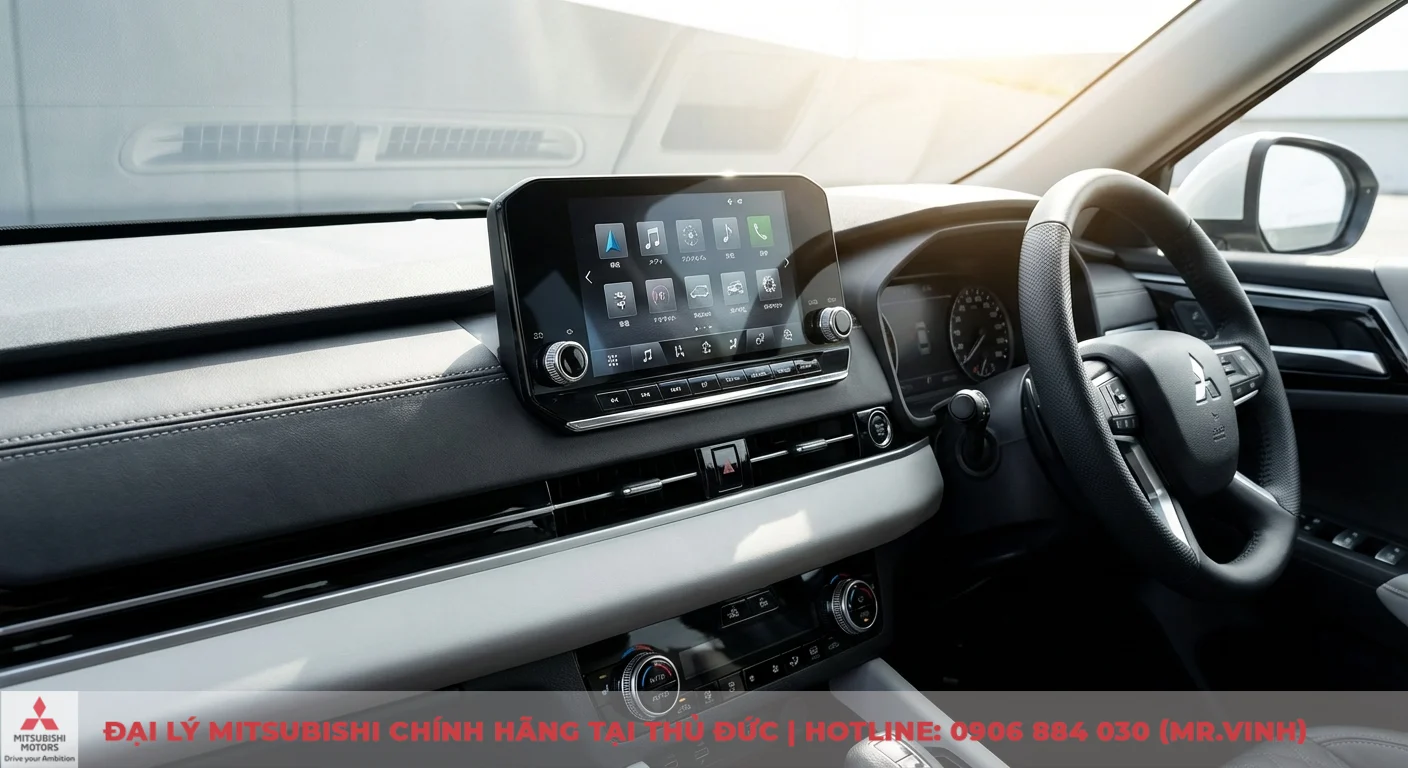 Tiện nghi Xpander 2026: Dự đoán màn hình, Apple CarPlay nâng cấp. 1 Màn hình giải trí trung tâm lớn với giao diện đa chức năng và hiện đại, thể hiện tiện nghi thông minh trên Xpander