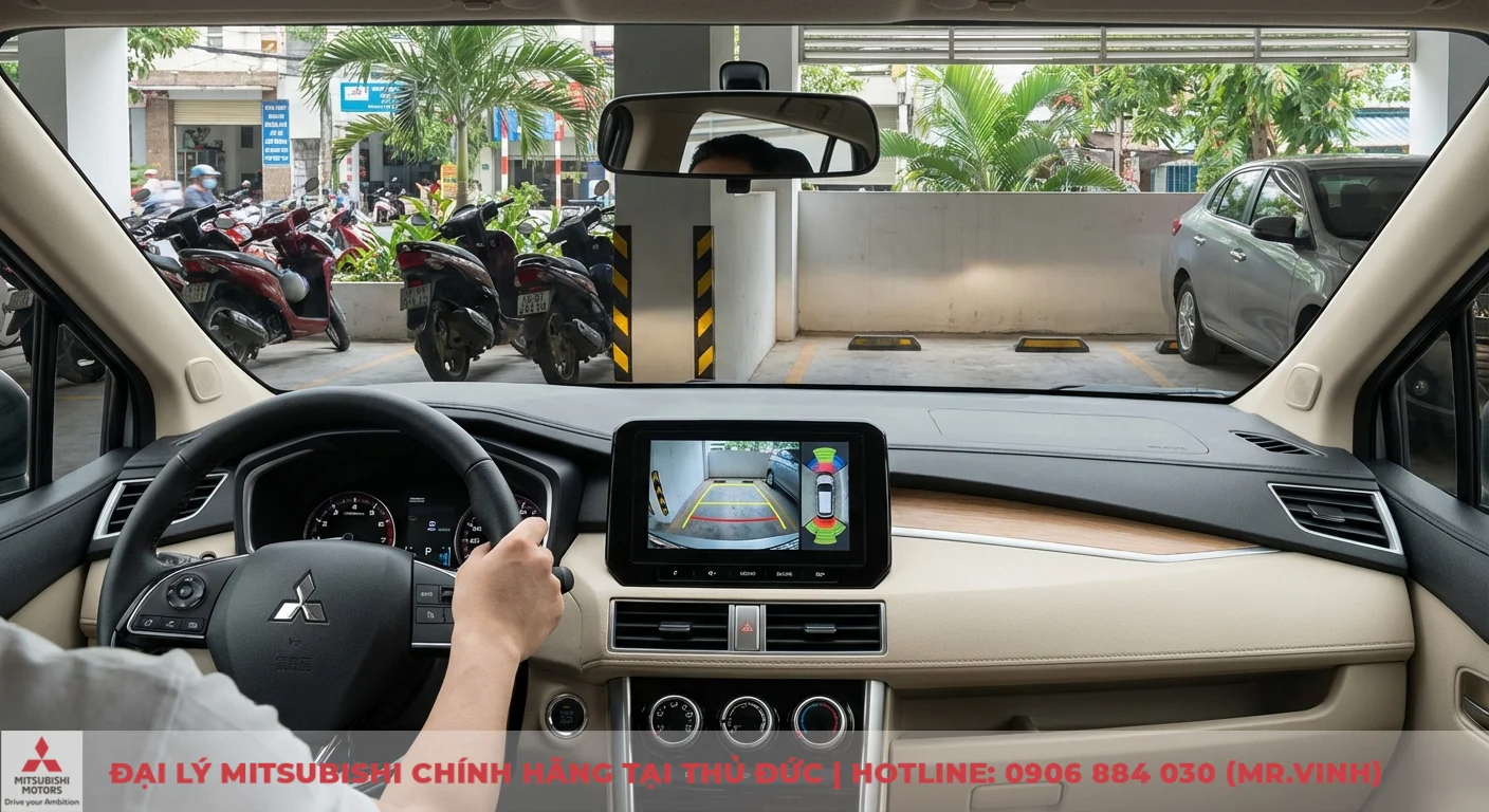 Tiện nghi Xpander 2026: Dự đoán màn hình, Apple CarPlay nâng cấp. 3 Hệ thống camera lùi và cảm biến hỗ trợ đỗ xe an toàn chủ động trên Xpander, hiển thị vạch hướng dẫn và vật cản