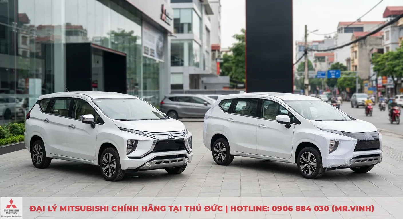 Tiện nghi Xpander 2026: Dự đoán màn hình, Apple CarPlay nâng cấp. 4 Mitsubishi Xpander hiện tại và Xpander 2026 dự kiến với thiết kế ngoại thất khác biệt, phiên bản mới đang che