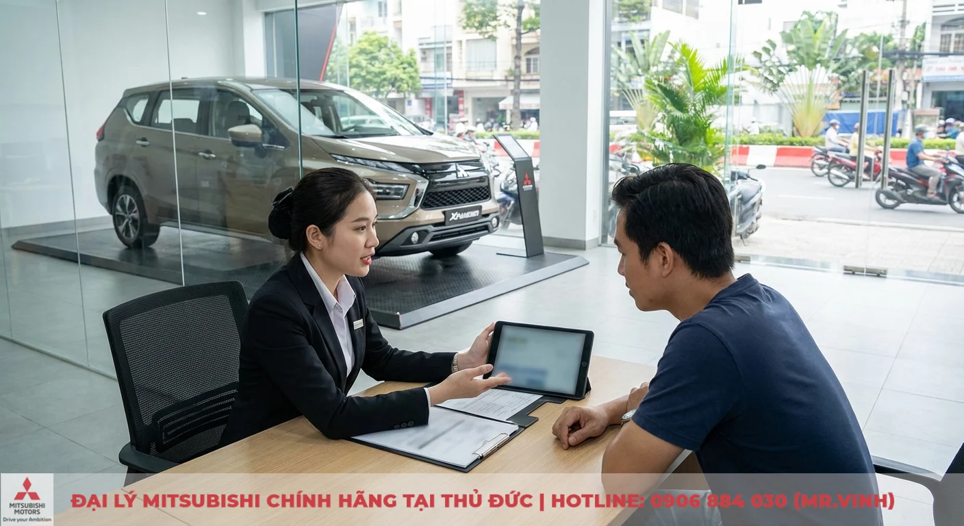 Tiện nghi Xpander 2026: Dự đoán màn hình, Apple CarPlay nâng cấp. 8 Tư vấn viên Mitsubishi Saigon giới thiệu tiện nghi Xpander 2026 cho khách hàng tại showroom TP.HCM/Thủ Đức