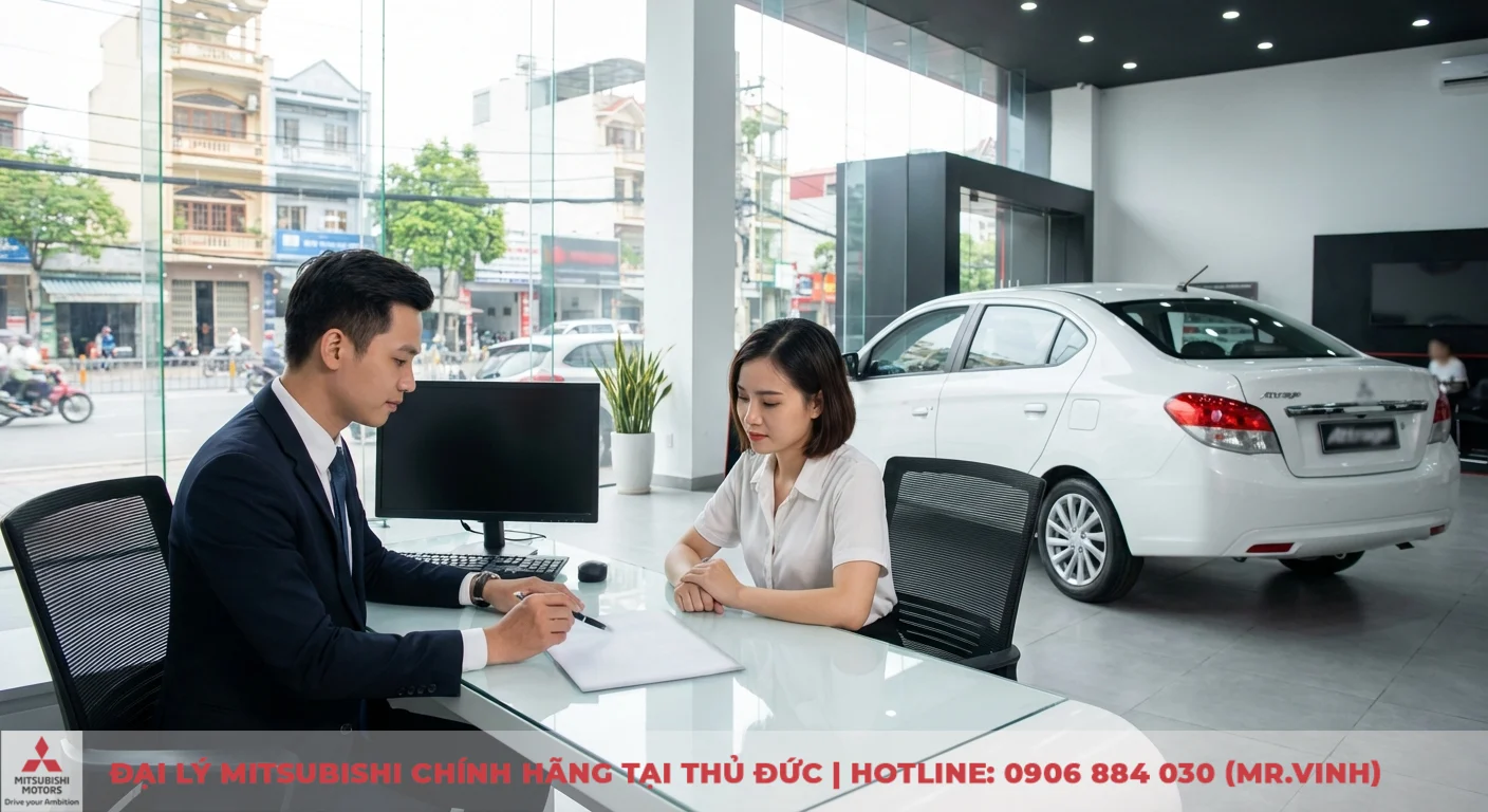 Tiêu hao nhiên liệu Attrage 2026: Đánh giá dự kiến & mẹo tiết kiệm 5 Tư vấn viên và khách hàng đang trao đổi về Attrage 2026 cùng chi phí xăng 100km trong showroom
