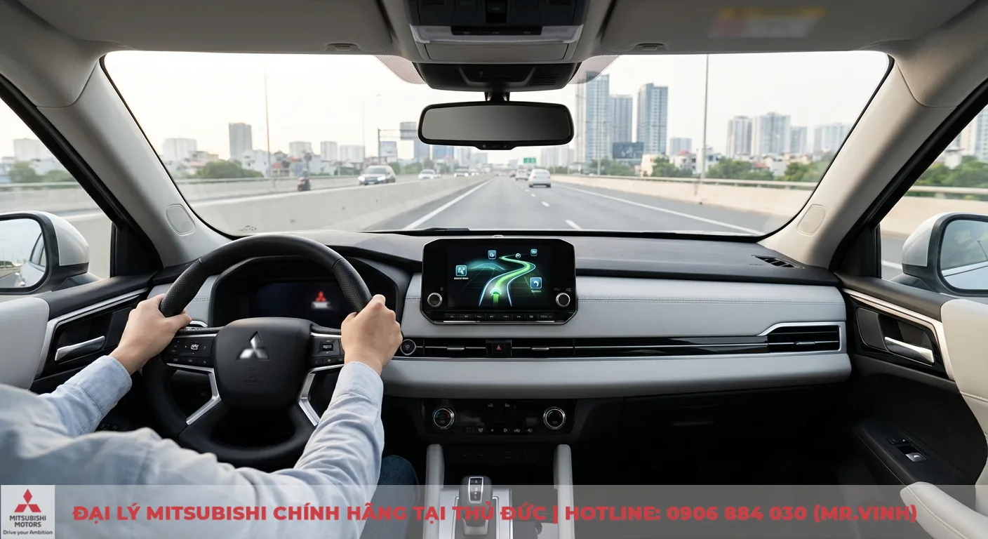 Tiêu hao nhiên liệu Destinator 2026: Giải mã công nghệ và cách hoạt động 1 Khoang lái xe ô tô Mitsubishi từ góc nhìn người lái, hiển thị màn hình điều hướng bản đồ trên đường cao tốc với các tòa nhà thành phố