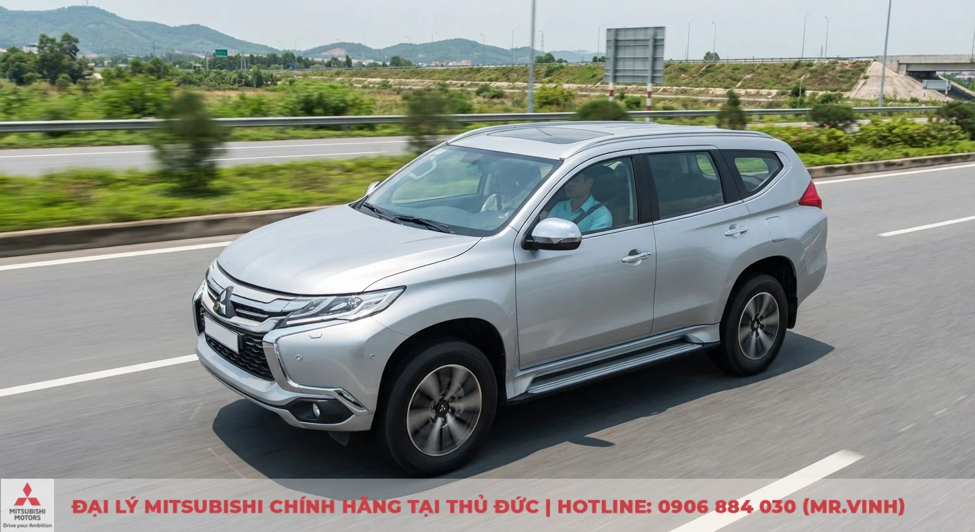 Tiêu hao nhiên liệu Destinator 2026: Giải mã công nghệ và cách hoạt động 2 Một chiếc SUV màu bạc đang chạy trên đường cao tốc, có người lái bên trong và phong cảnh núi non mờ phía sau