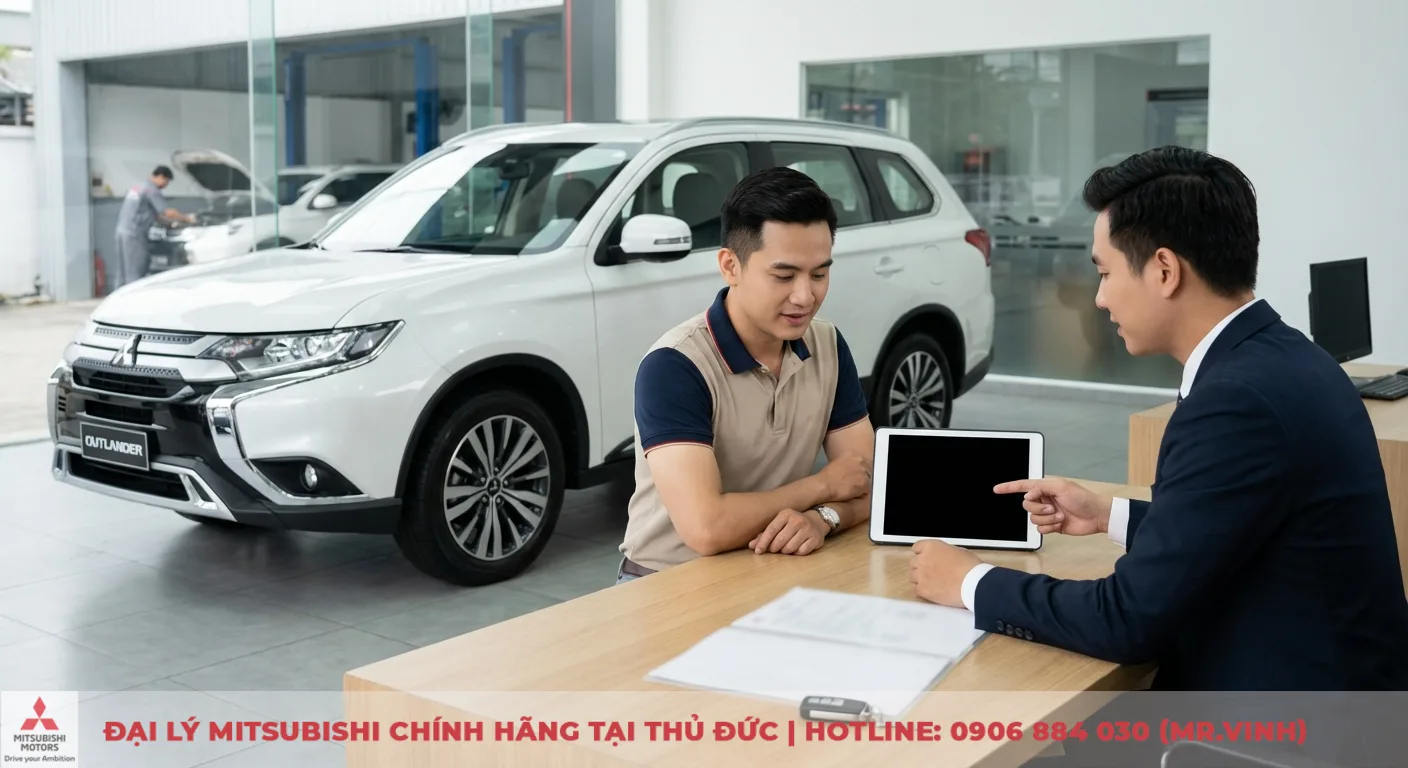 Tiêu hao nhiên liệu Destinator 2026: Giải mã công nghệ và cách hoạt động 3 Showroom ô tô, nhân viên chỉ máy tính bảng tư vấn khách hàng bên cạnh SUV trắng, có chìa khóa, giấy tờ trên bàn và khu bảo dưỡng xe