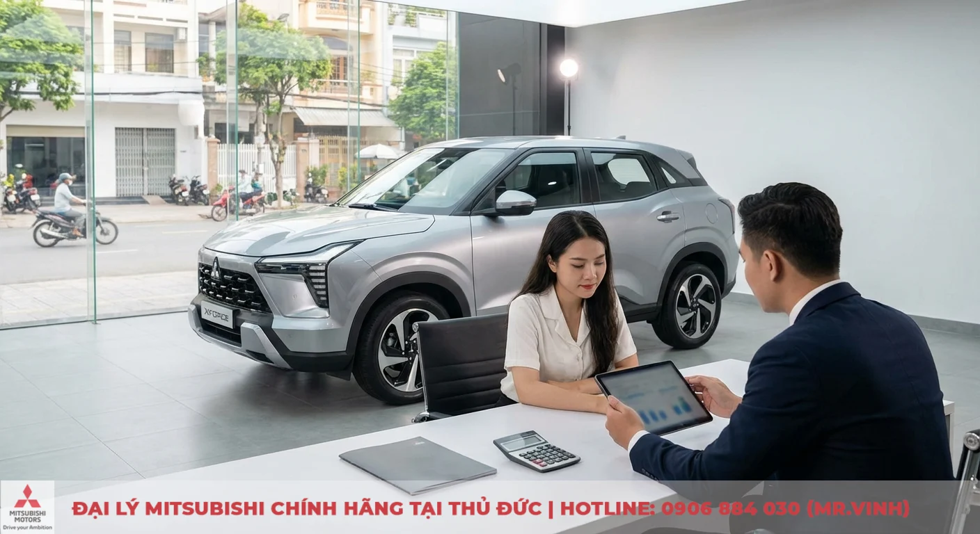Tiêu hao nhiên liệu Xforce 2026: Mức bao nhiêu? Đi phố & đường trường 3 Mitsubishi Xforce 2026 bạc tại showroom, khách hàng và nhân viên tính toán chi phí xăng 100km dự kiến trên máy tính bảng và máy tính.