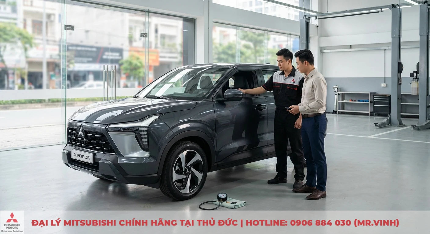 Tiêu hao nhiên liệu Xforce 2026: Mức bao nhiêu? Đi phố & đường trường 4 Nhân viên Mitsubishi hướng dẫn khách hàng kiểm tra áp suất lốp cho Xforce 2026 để lái xe tiết kiệm nhiên liệu tối ưu