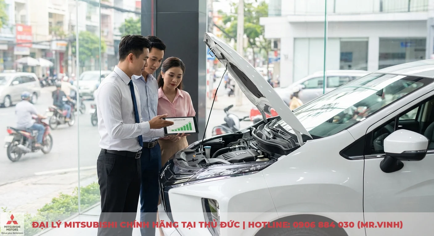 Mitsubishi Xpander 2026: Tiêu hao nhiên liệu, chi phí xăng bao nhiêu? 1 Mitsubishi Xpander 2026 trắng với capo mở, nhân viên tư vấn động cơ và biểu đồ khả năng tiết kiệm nhiên liệu