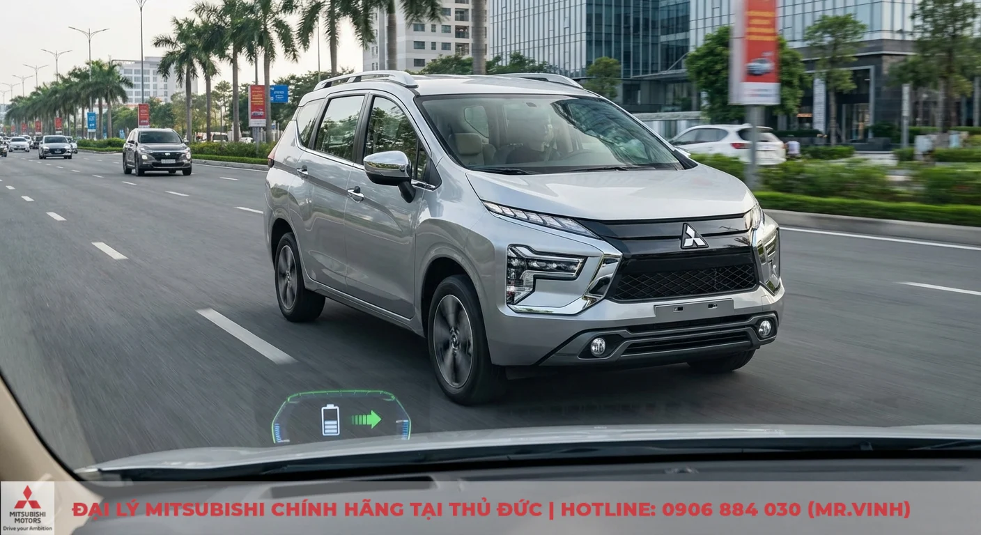 Mitsubishi Xpander 2026: Tiêu hao nhiên liệu, chi phí xăng bao nhiêu? 3 Mitsubishi Xpander 2026 màu bạc với thiết kế khí động học, hiển thị công nghệ tối ưu hóa nhiên liệu qua HUD năng lượng