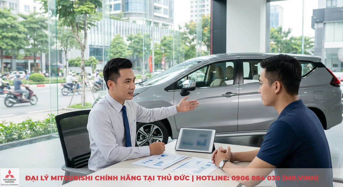 Mitsubishi Xpander 2026: Tiêu hao nhiên liệu, chi phí xăng bao nhiêu? 4 Nhân viên tư vấn trao đổi về chi phí xăng 100km và tiêu hao nhiên liệu của xe Xpander với khách hàng tại showroom