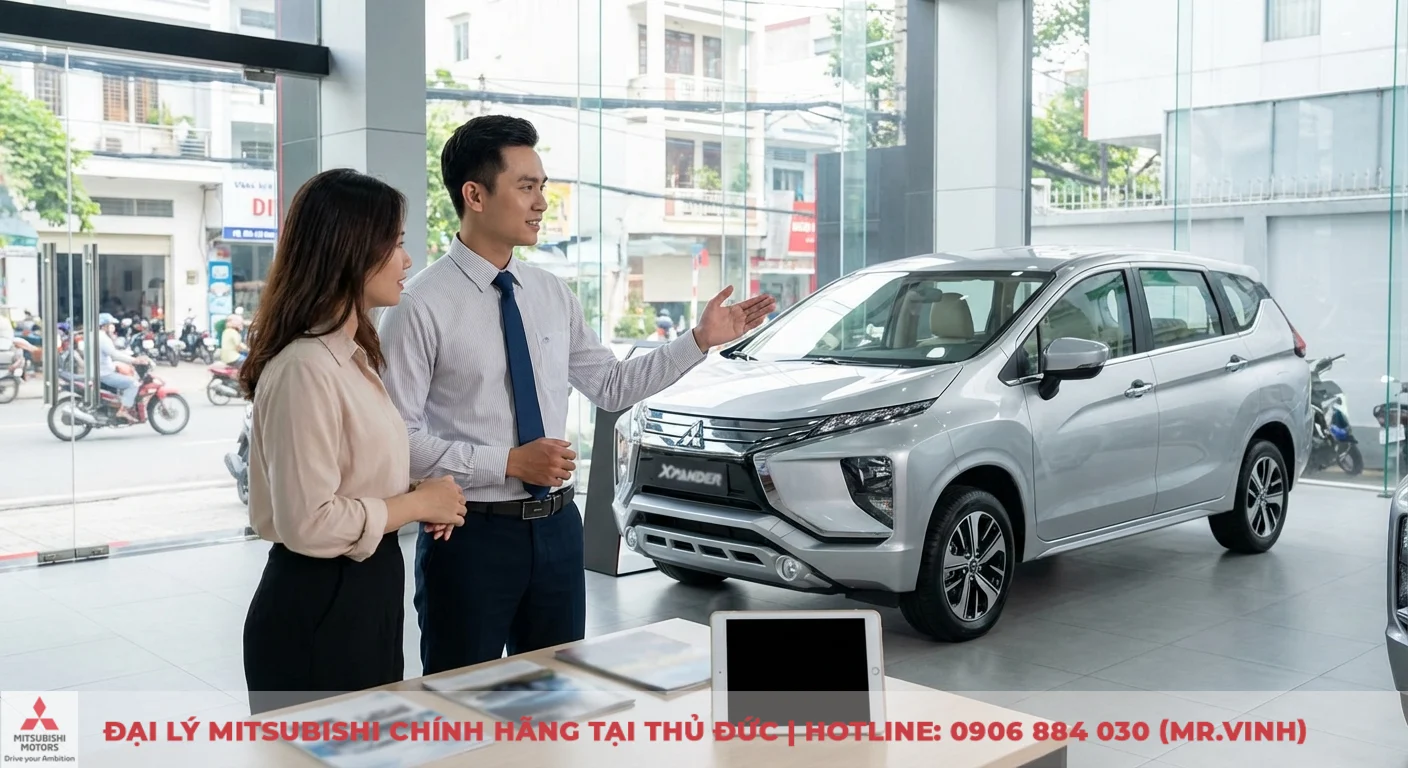 Mitsubishi Xpander 2026: Tiêu hao nhiên liệu, chi phí xăng bao nhiêu? 6 Chuyên viên bán hàng Mitsubishi Saigon 3S tư vấn khách hàng nữ về tính năng của Mitsubishi Xpander tại showroom