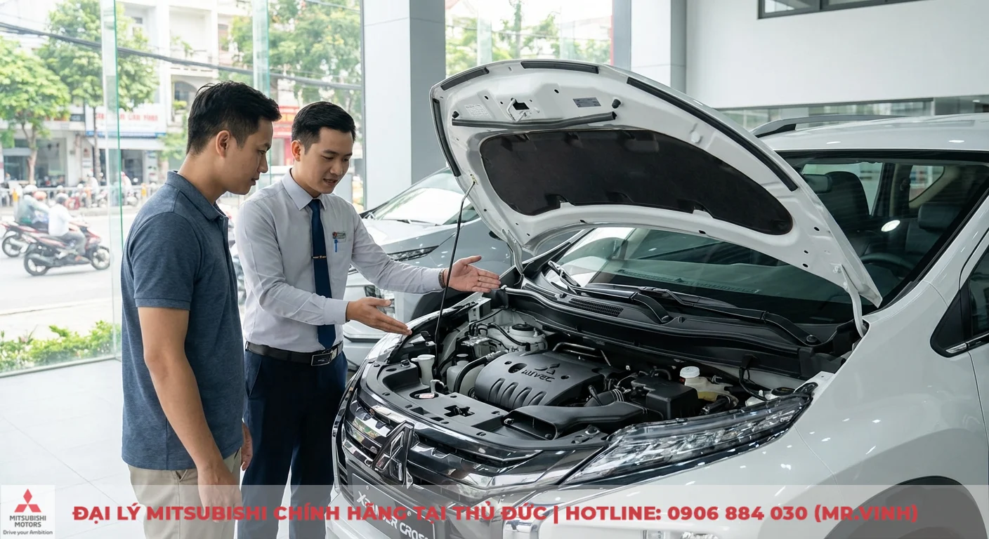 Mitsubishi Xpander Cross 2026: Tiêu hao nhiên liệu và đánh giá chi phí xăng 1 Nhân viên chỉ dẫn động cơ MIVEC trên Mitsubishi Xpander Cross, giải thích về công nghệ và hiệu suất nhiên liệu