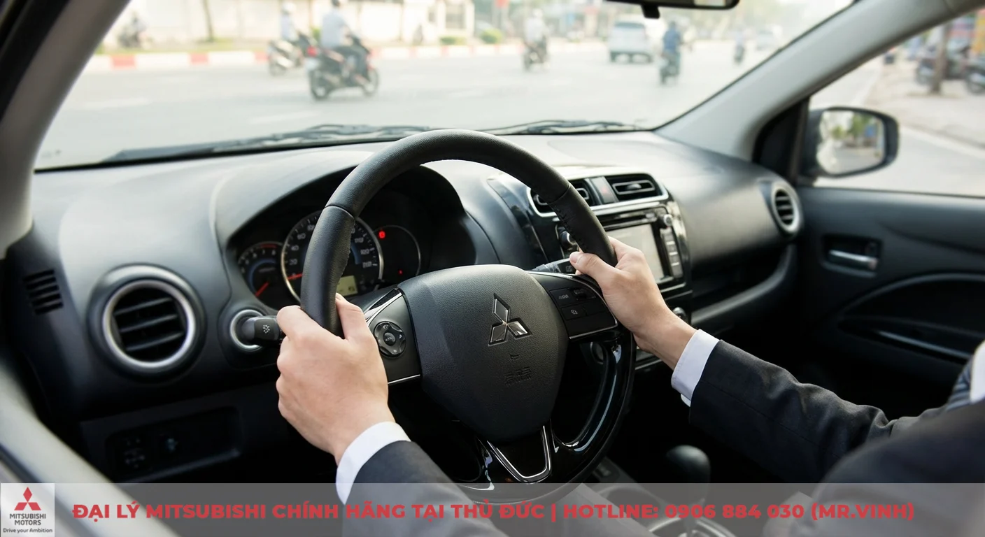 Vận hành Mitsubishi Attrage 2026: Đánh giá cảm giác lái, độ êm ái 1 Người lái Attrage 2026 đang điều khiển vô lăng, cảm nhận vận hành linh hoạt và ổn định trong đô thị đông đúc