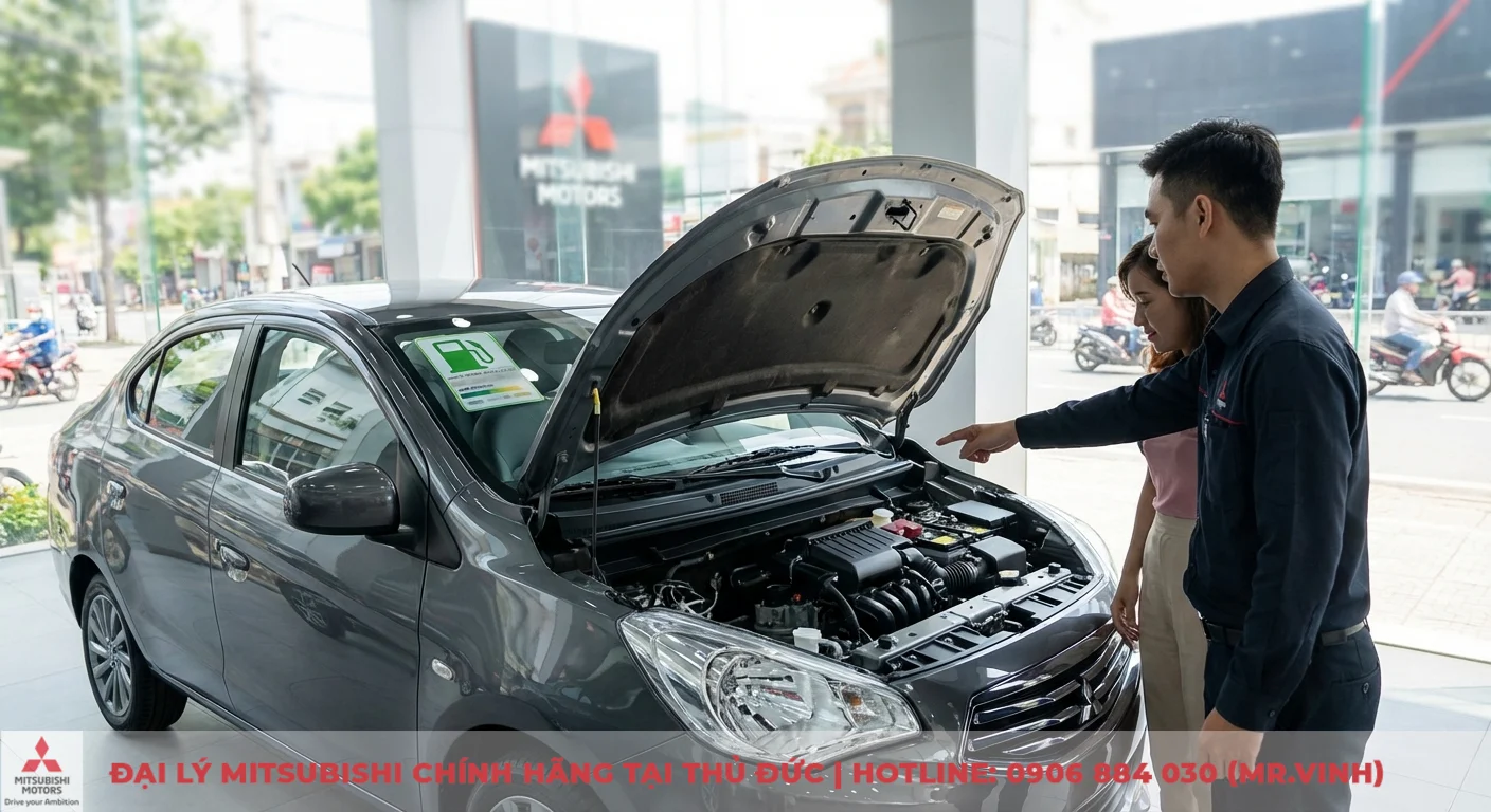 Vận hành Mitsubishi Attrage 2026: Đánh giá cảm giác lái, độ êm ái 2 Động cơ MIVEC 1.2L của Mitsubishi Attrage mở nắp ca-pô, nhân viên tư vấn về sức mạnh và tiết kiệm nhiên liệu