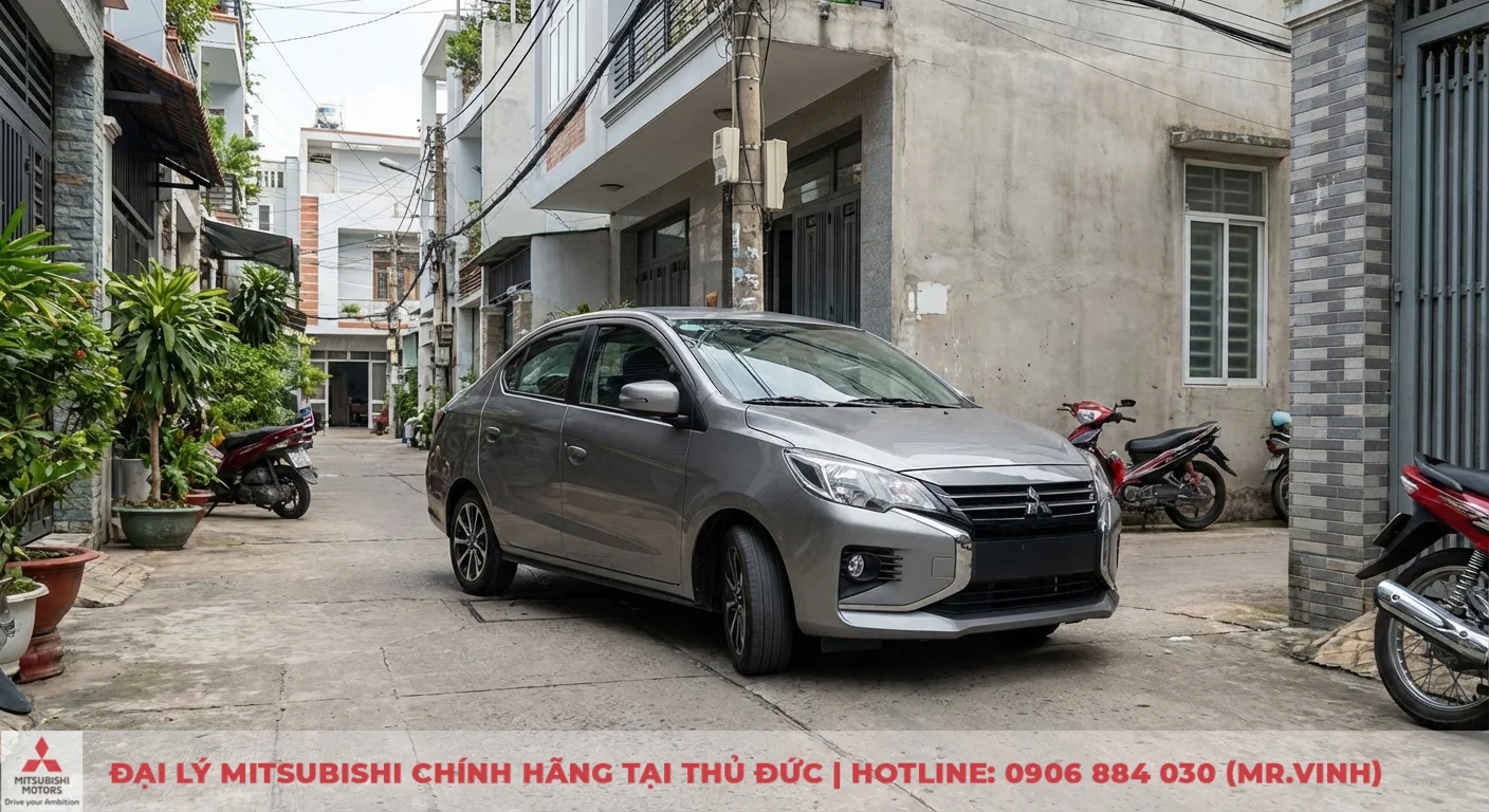 Vận hành Mitsubishi Attrage 2026: Đánh giá cảm giác lái, độ êm ái 3 Mitsubishi Attrage 2026 màu xám đỗ trong hẻm nhỏ, minh họa đặc tính vận hành linh hoạt tối đa khi đi phố