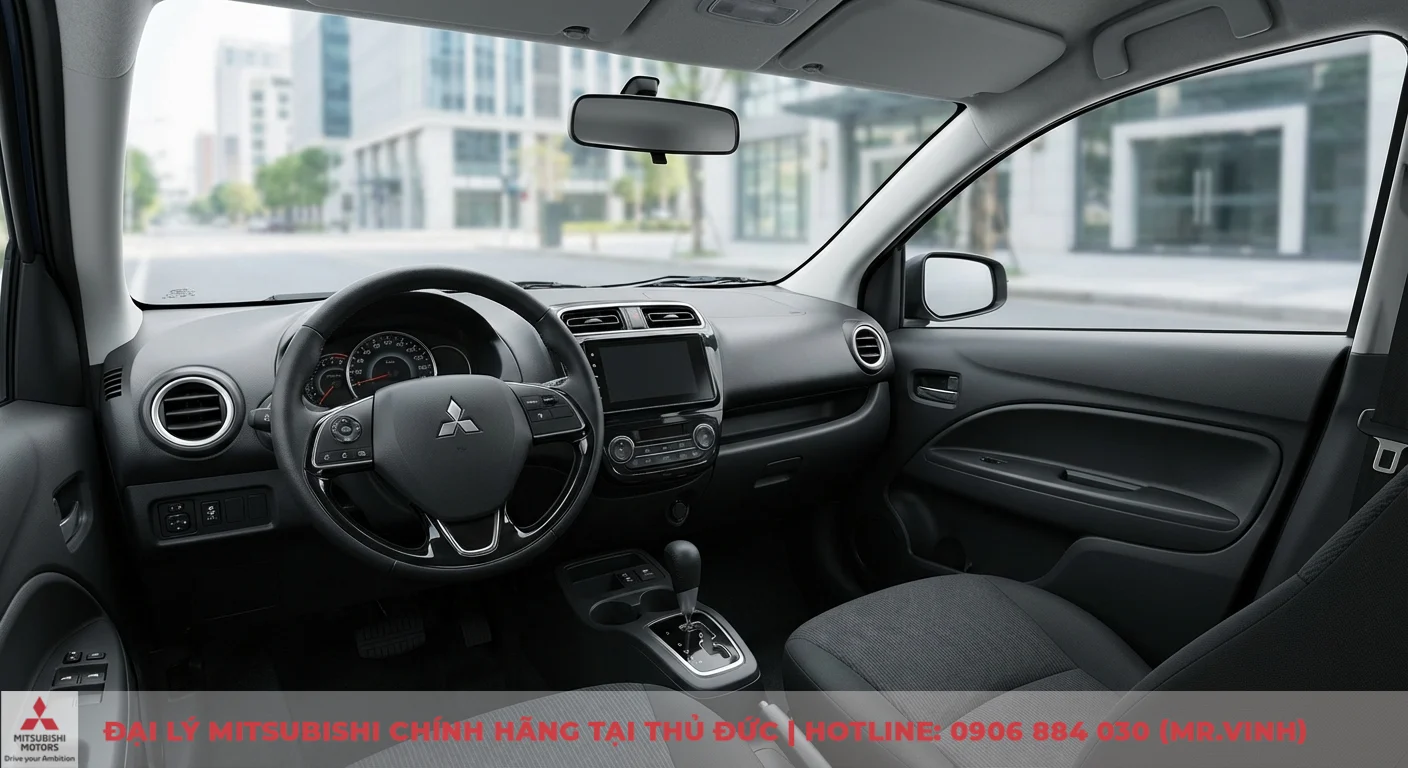 Vận hành Mitsubishi Attrage 2026: Đánh giá cảm giác lái, độ êm ái 4 Khoang lái Attrage hiện đại với vô lăng đa chức năng và màn hình cảm ứng, tích hợp công nghệ hỗ trợ và hệ thống an toàn nâng cao