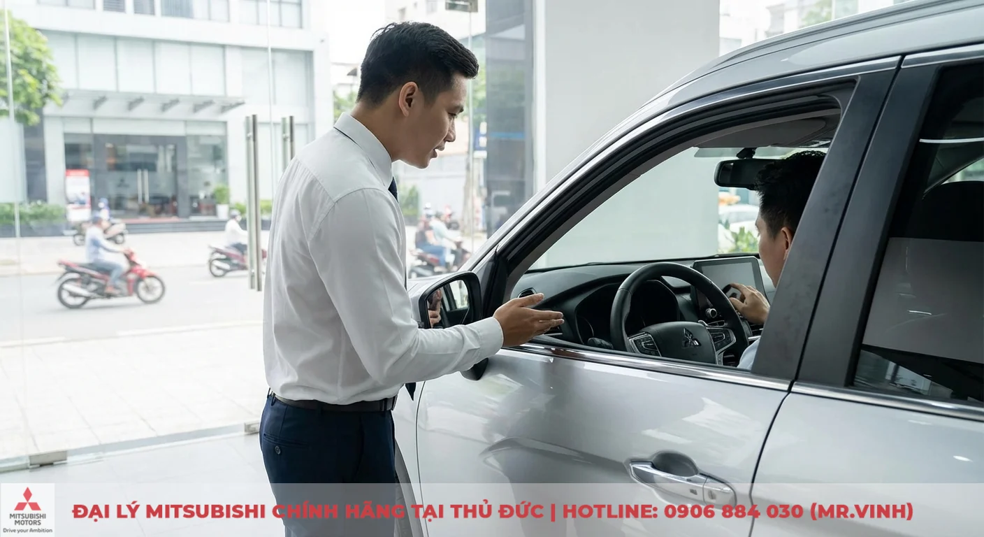 Vận hành Destinator 2026: Giải mã hệ thống và nguyên lý hoạt động 1 Người bán hàng chỉ dẫn khách hàng khám phá nội thất xe Mitsubishi màu bạc, khách hàng đang tương tác với màn hình cảm ứng trong xe