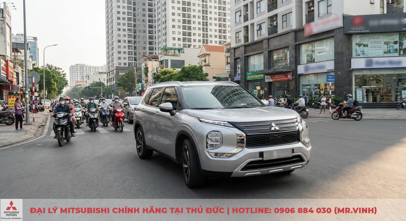 Vận hành Destinator 2026: Giải mã hệ thống và nguyên lý hoạt động 2 Một chiếc SUV Mitsubishi Destinator 2026 màu bạc đang lái trên đường phố đô thị đông đúc với nhiều xe máy và các tòa nhà cao tầng
