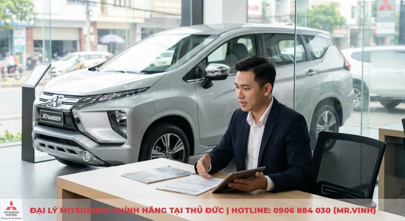 Vận hành Xpander 2026: Đánh giá cảm giác lái, độ êm, cách âm 5 Tư vấn viên Mitsubishi Saigon 3S giới thiệu chi tiết về Xpander 2026 trong không gian showroom chuyên nghiệp