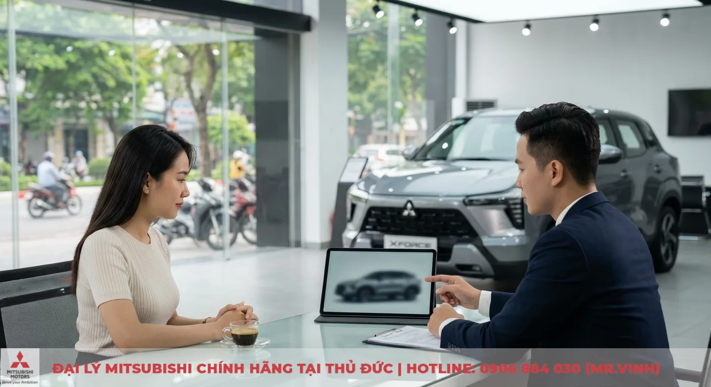 Xforce 2026 có gì mới - Cập nhật điểm nổi bật, nâng cấp 3 Khách hàng và tư vấn viên Mitsubishi Xforce thảo luận thông tin về giá bán và thời điểm ra mắt tại TP.HCM