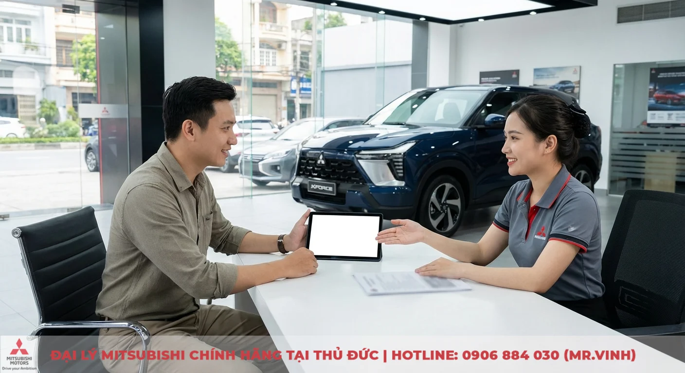Xforce 2026 có gì mới - Cập nhật điểm nổi bật, nâng cấp 4 Nhân viên Mitsubishi Sài Gòn 3S tư vấn khách hàng về Xforce, hỗ trợ đăng ký lái thử và nhận thông tin sớm nhất