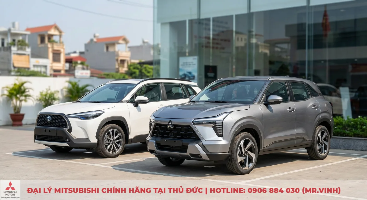 So sánh Xforce 2026 và Corolla Cross: Giá lăn bánh, trang bị, an toàn 1 Mitsubishi Xforce 2026 và Toyota Corolla Cross, hai đối thủ chính phân khúc SUV, đỗ cạnh nhau tại showroom