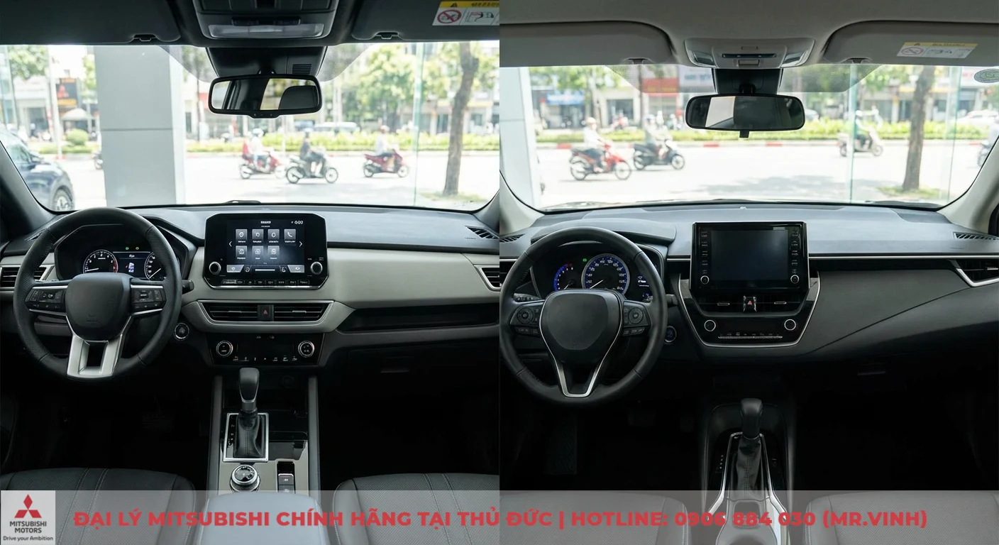 So sánh Xforce 2026 và Corolla Cross: Giá lăn bánh, trang bị, an toàn 3 Nội thất khoang lái của Mitsubishi Xforce và Toyota Corolla Cross, so sánh màn hình giải trí, bảng đồng hồ kỹ thuật số và bố cục tiện nghi