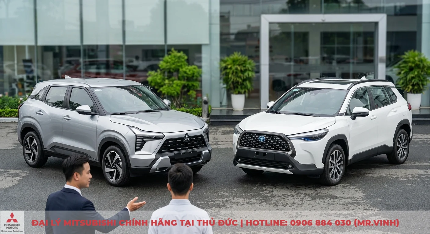 So sánh Xforce 2026 và Corolla Cross: Giá lăn bánh, trang bị, an toàn 4 Mitsubishi Xforce bạc và Toyota Corolla Cross trắng so sánh trực quan động cơ mạnh mẽ và khả năng vận hành tiết kiệm