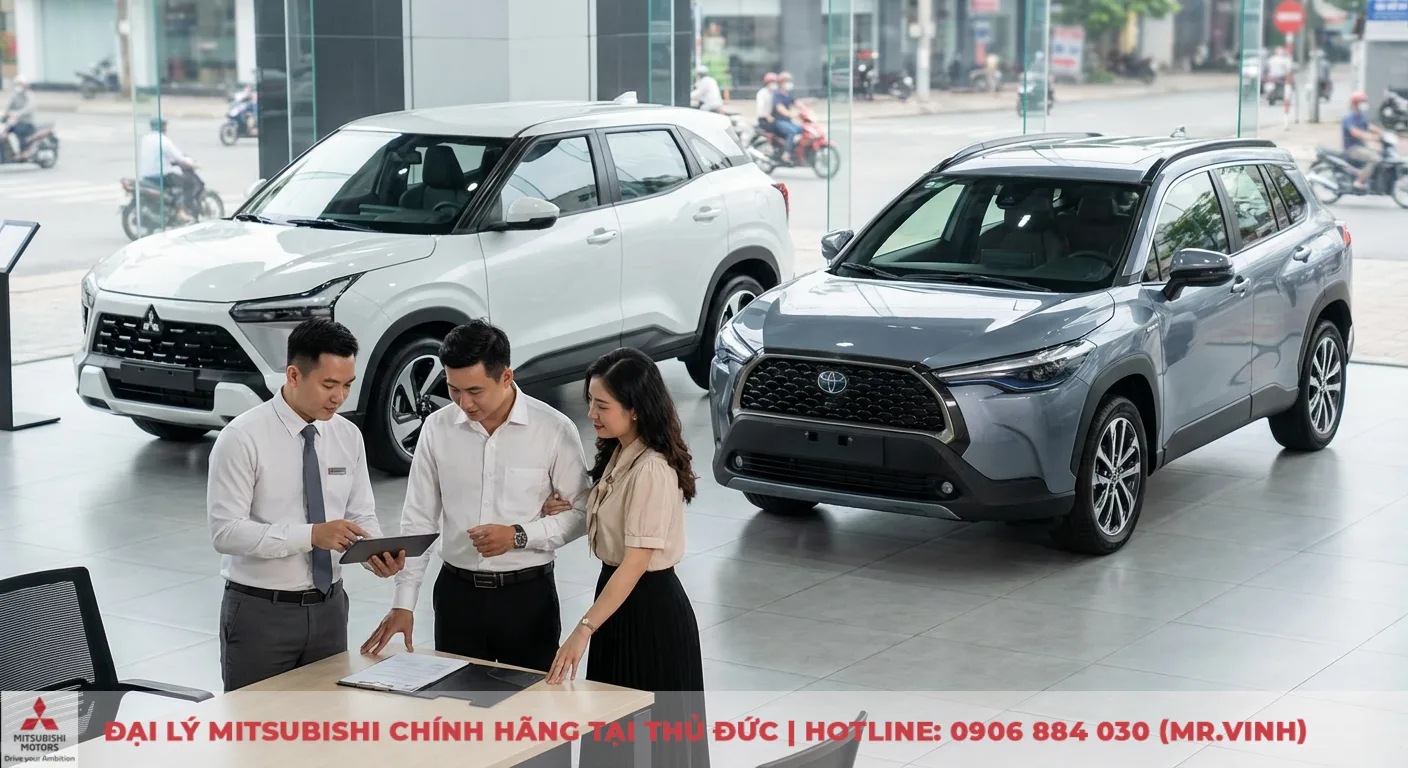 So sánh Xforce 2026 và Corolla Cross: Giá lăn bánh, trang bị, an toàn 7 Toyota Corolla Cross và Mitsubishi Xforce tại showroom, khách hàng trao đổi về khả năng giữ giá và chi phí bảo dưỡng