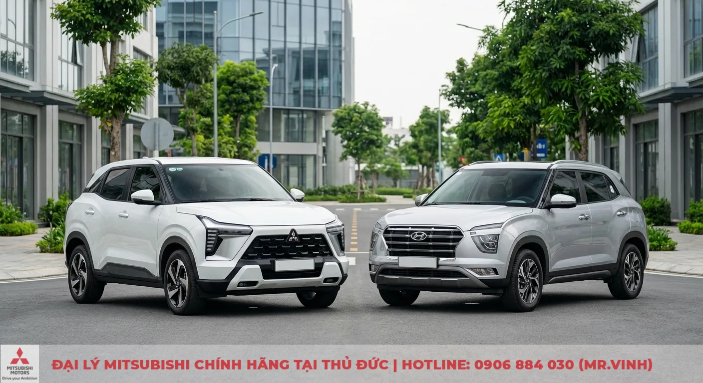 So sánh Mitsubishi Xforce 2026 và Creta: Giá, tiện nghi & nên chọn xe nào? 4 Mitsubishi Xforce trắng và Hyundai Creta bạc cạnh tranh về động cơ, vận hành, sức mạnh và cảm giác lái