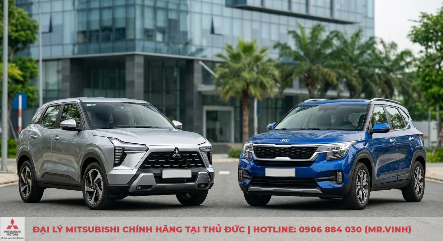So sánh Mitsubishi Xforce 2026 và Kia Seltos: Chọn xe nào? 1 Mitsubishi Xforce 2026 màu bạc và Kia Seltos màu xanh cùng phô diễn thiết kế CUV cỡ B hiện đại trên thị trường