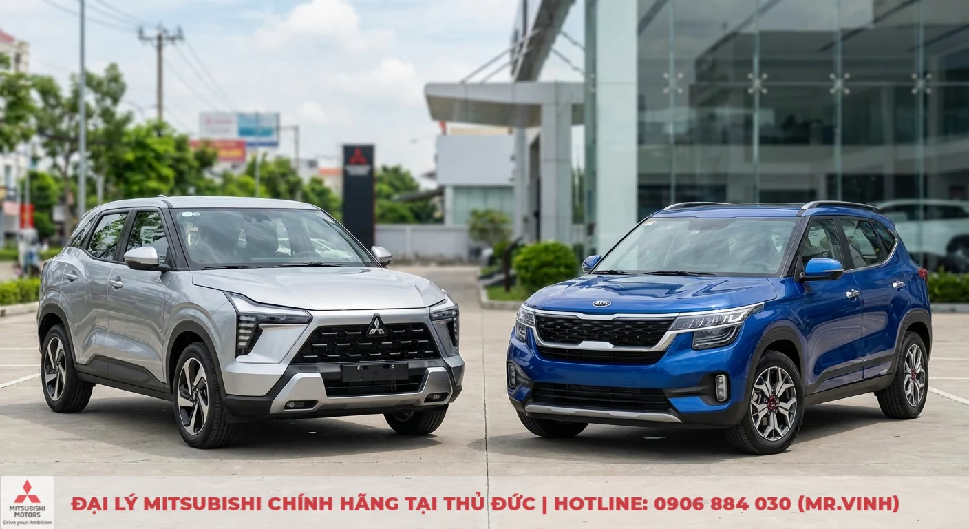 So sánh Mitsubishi Xforce 2026 và Kia Seltos: Chọn xe nào? 2 So sánh ngoại thất Mitsubishi Xforce bạc mạnh mẽ, lưới tản nhiệt đặc trưng và Kia Seltos xanh trẻ trung, đèn LED cùng mâm đa chấu