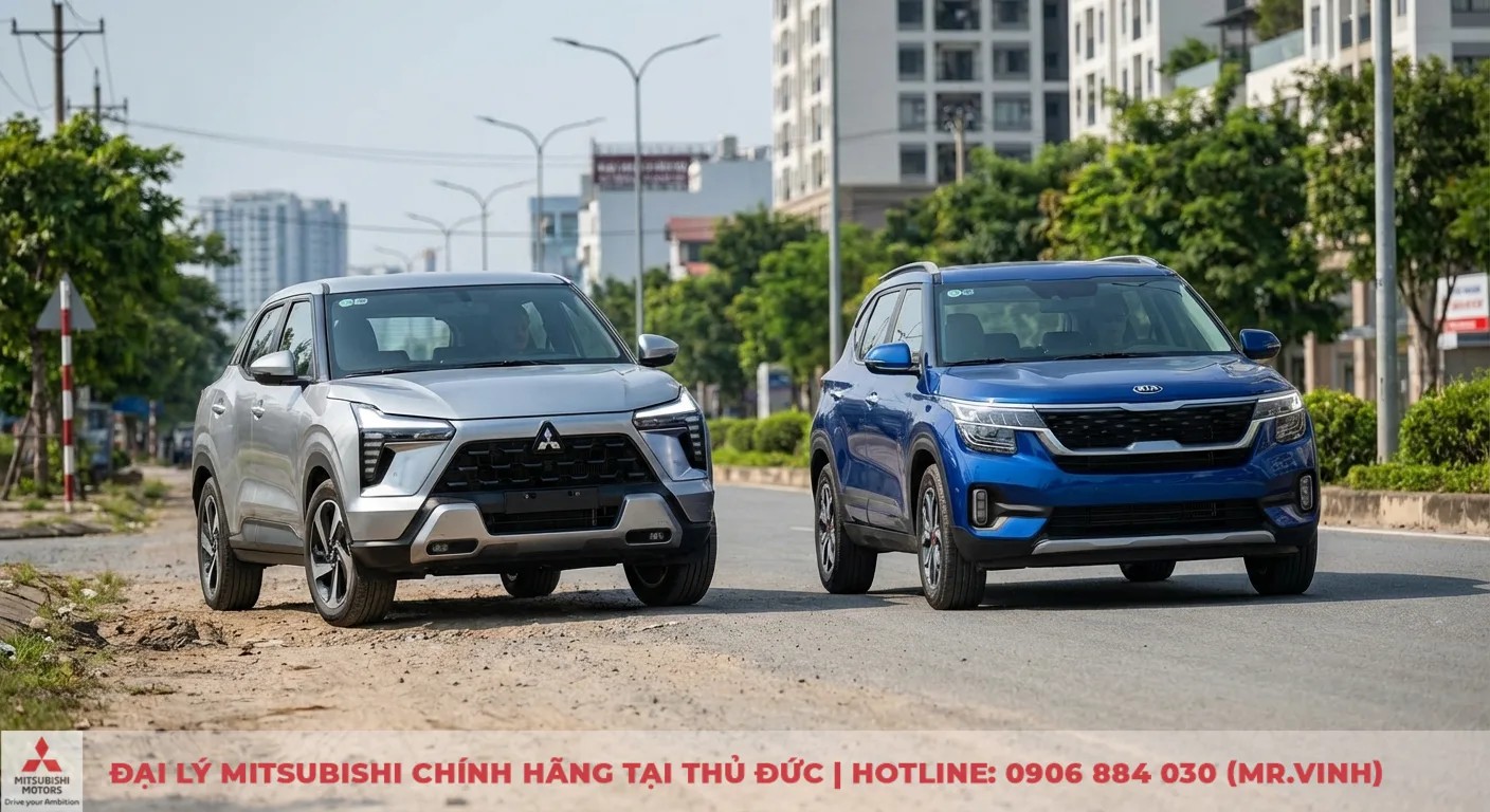 So sánh Mitsubishi Xforce 2026 và Kia Seltos: Chọn xe nào? 3 Hai mẫu SUV Mitsubishi Xforce và Kia Seltos vận hành trên đường hỗn hợp, thể hiện trải nghiệm lái và khả năng thích ứng địa hình