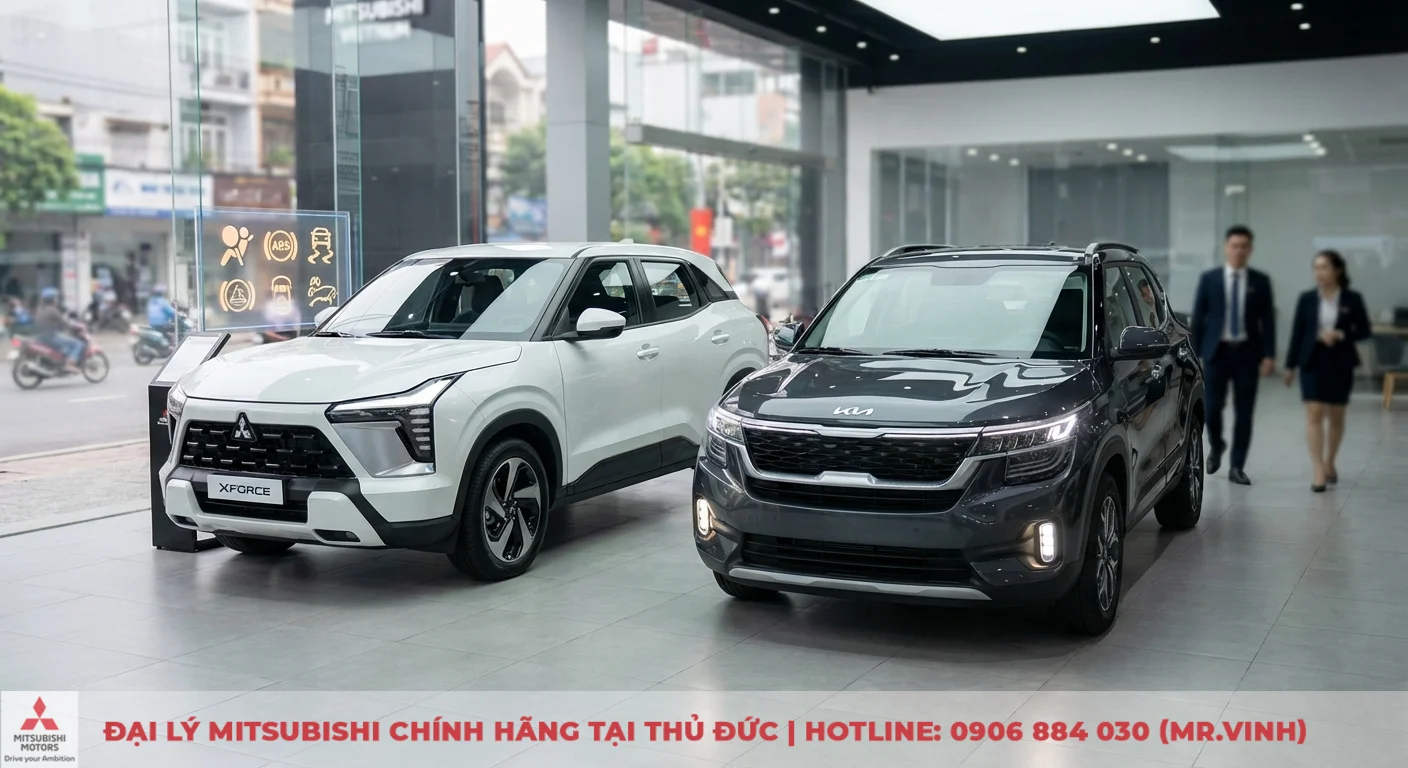 So sánh Mitsubishi Xforce 2026 và Kia Seltos: Chọn xe nào? 4 Công nghệ hỗ trợ lái và an toàn của Mitsubishi Xforce, Kia Seltos với biểu tượng ABS, túi khí, cân bằng điện tử
