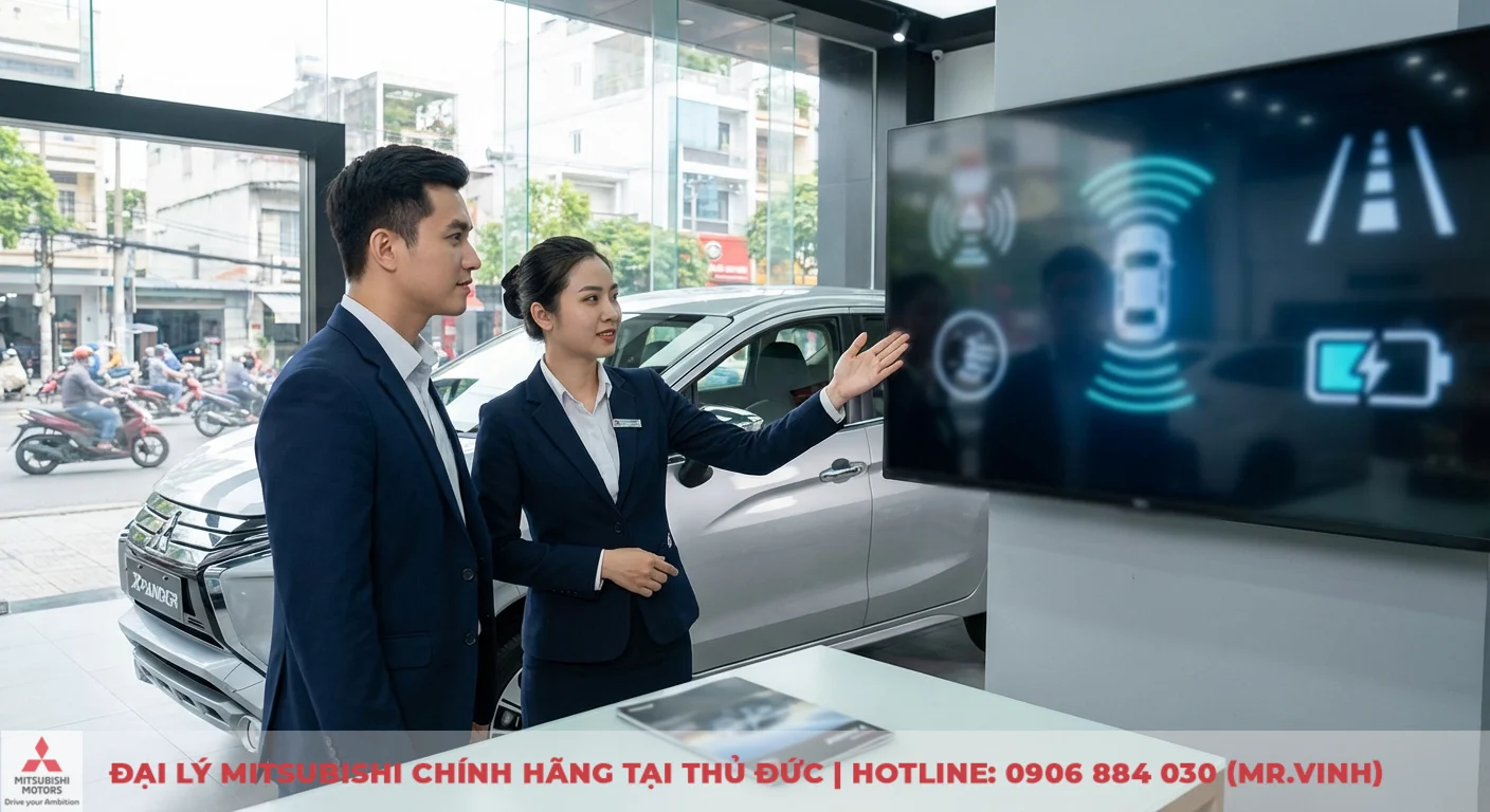 Xpander 2026 có gì mới - cập nhật điểm nổi bật và nâng cấp 2 Nhân viên showroom Mitsubishi Xpander giải thích tính năng an toàn, hỗ trợ lái tiên tiến và công nghệ hybrid qua màn hình hiển thị